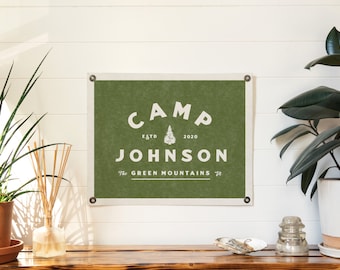 Custom Camp Name Sign Felt Banner | Classic vintage style typography flag. Personalized pennant family gift. Lake camp, mountain cabin.