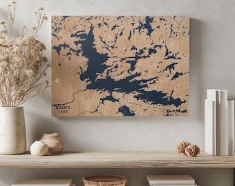 Rainy Lake Minnesota : Personalized Engraved Wood Map, Custom Lake House Wall Art Gift