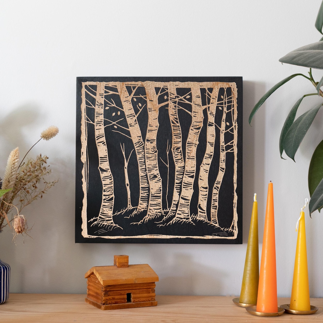 Birch Trees Mini Engraved Birch Wood Panel | Block Print Style
