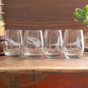 Fly Fishing Lures Glasses Set of 4 | Personalized Etched Beer, Cocktail, Whiskey, Wine glassware. Fishing Angler Gift. Fisherman Lake Camp.