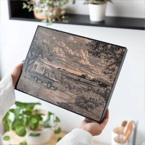 Truck Camper on a Campsite in Desert Wall Art | Nature Inspired Engraved Wood Lithograph Illustration, Wanderlust Art, Adventure Camp Print