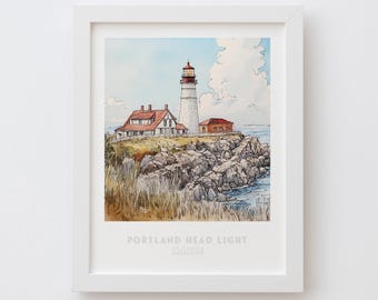 Portland Head Light Wall Art Print - Pen Ink & Watercolor Lighthouse Illustration, archival quality fine art print. Maine state gift.