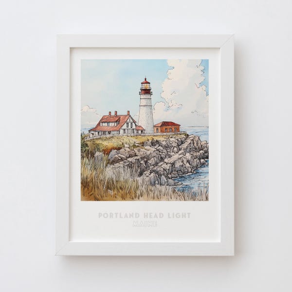Portland Head Light Wall Art Print - Pen Ink & Watercolor Lighthouse Illustration, archival quality fine art print. Maine state gift.