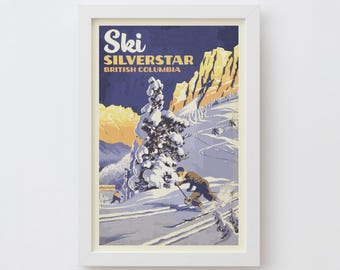 Silverstar British Columbia Art Print | Vintage Style Ski Poster Wall Art, Retro Mountain Souvenir Decor, Ski & Snowboard Travel Gift