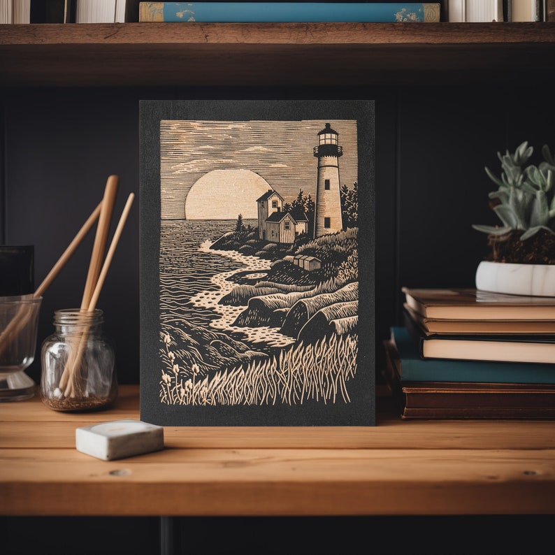 Lighthouse Mini Engraved Wood Panel Block Print Style Nautical Wall Art, Boating Illustration Cottage Home Decor, Beach House Print Gift image 1