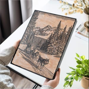 Dog Sledding Wall Art | Nature Inspired Engraved Wood Lithograph Illustration, Large Alaska Nature Scene Print, Iditarod Sled Race Decor