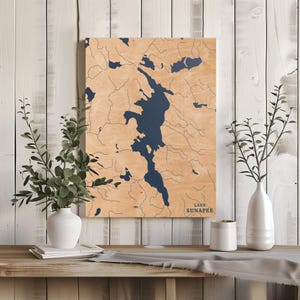 See Sunapee New Hampshire | Benutzerdefinierte See Karte Wohnkultur, personalisierte See Haus Geschenk, Jahrestag Hochzeitslager Geschenk, gravierte Holz Wandkunst