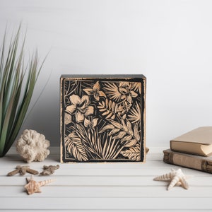 Hibiscus & Leaves Mini Engraved Birch Wood Panel | Block Print Style Tropical Wall Art, Beachy Illustration Print, Coastal Home Decor Gift