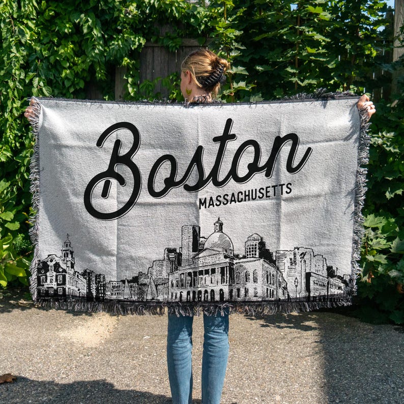 Boston Massachusetts City Blanket Woven Throw Blanket Gift, Black