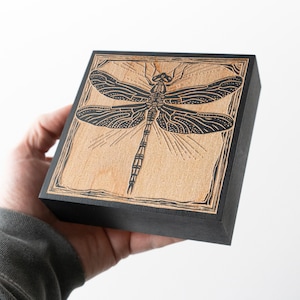 Dragonfly Mini Engraved Birch Wood Panel | Block Print Style Nature Lover Wall Art, Plant Mom Illustration Print, Country Home Decor Gift