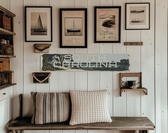 Bandeira de feltro da Carolina do Sul | Flâmula da Carolina com inspiração vintage, decoração de paisagem costeira, enfeite para casa litorânea, presente feito nos EUA