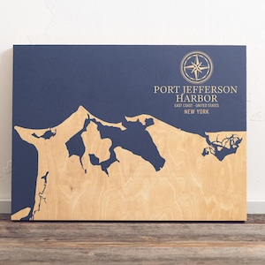Mappa del porto di Port Jefferson, New York / Carta costiera incisa su legno, decorazione da parete, stampa nautica, regalo personalizzato per la famiglia
