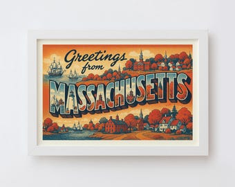 Massachusetts Postcard Art Print | Greetings from Massachusetts Vintage Wall Art Poster, Retro State Souvenir Decor, Americana Travel Gift