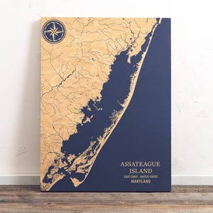 Assateague Island, Maryland Karte | "Graviertes hölzernes Küstenkarten-Wand-Kunst-Zeichen, Strand-Wohnkultur-nautischer Druck, personifiziertes Familiengeschenk."