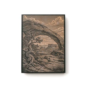 May include: A rectangular wall art print featuring a detailed black ink line drawing on a tan background. The illustration depicts a natural stone arch formation in a desert landscape with a twisted tree in the foreground and distant mesas.