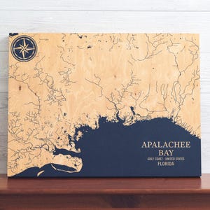 Kaart van Apalachee Bay, Florida | Gegraveerd houten bord kustmuur, huisdecor strandhuis nautische print, uniek gepersonaliseerd familiecadeau
