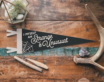 I Myself Am Strange & Unusual Felt Pennant | Spooky Season Retro Banner, Vintage Halloween Decor, Ghostly Greetings, Haunted Happenings,