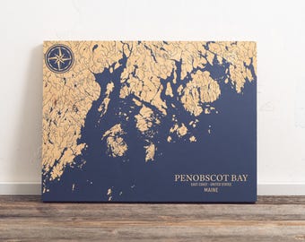 Penobscot Bay, Maine Map | Engraved Wood Coastal Chart Wall Art Sign, Beach House Home Decor Nautical Print, Unique Personalized Family Gift