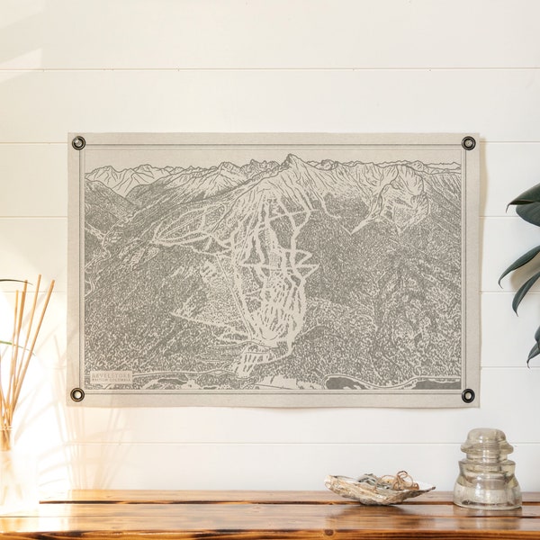 Revel Stoke BC Mountain Map Felt Poster Banner | Vintage ski snowboard mountain wall art gift. Flag pennant home decor. USA Handmade