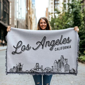 Los Angeles California City-deken | Cadeau geweven deken, zwart-witte skyline stadskunst, leuk woondecoratie, gezellig zacht stadscadeau