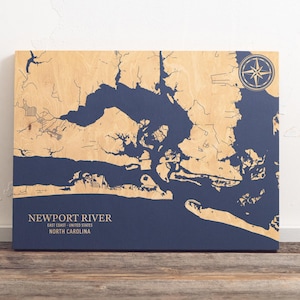 Newport River Karte | "Graviertes Holz Küstenkarte Wand Kunst Zeichen, Strand Wohnkultur nautischen Druck, einzigartiges personalisiertes Geschenk."