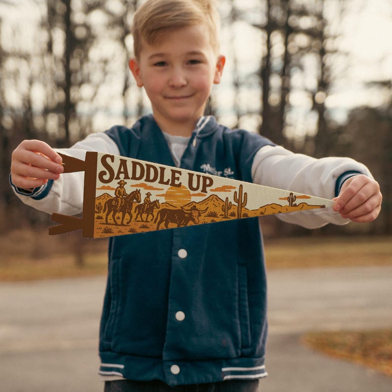 Saddle Up Felt Pennant | Western Wall Decor, Cowgirl Cowboy Banner, Rustic Kids Room Sign, Handmade Western Art, Fun Country Gift Idea Mini Pennant