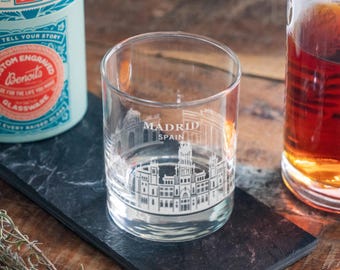 Madrid, Spain City Skyline Engraved Glass | Hometown Pride Glassware, Whiskey Rocks Wine & Beer Barware, Travel Special Trip Gift