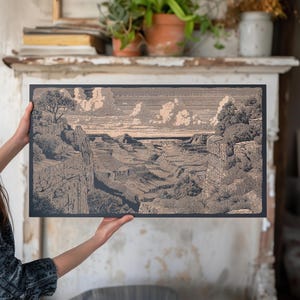Grand Canyon Panorama Wall Art | Arizona Landmark, Engraved Wooden Lithograph Illustration, Large Wall Art, South Western Nature Home Decor