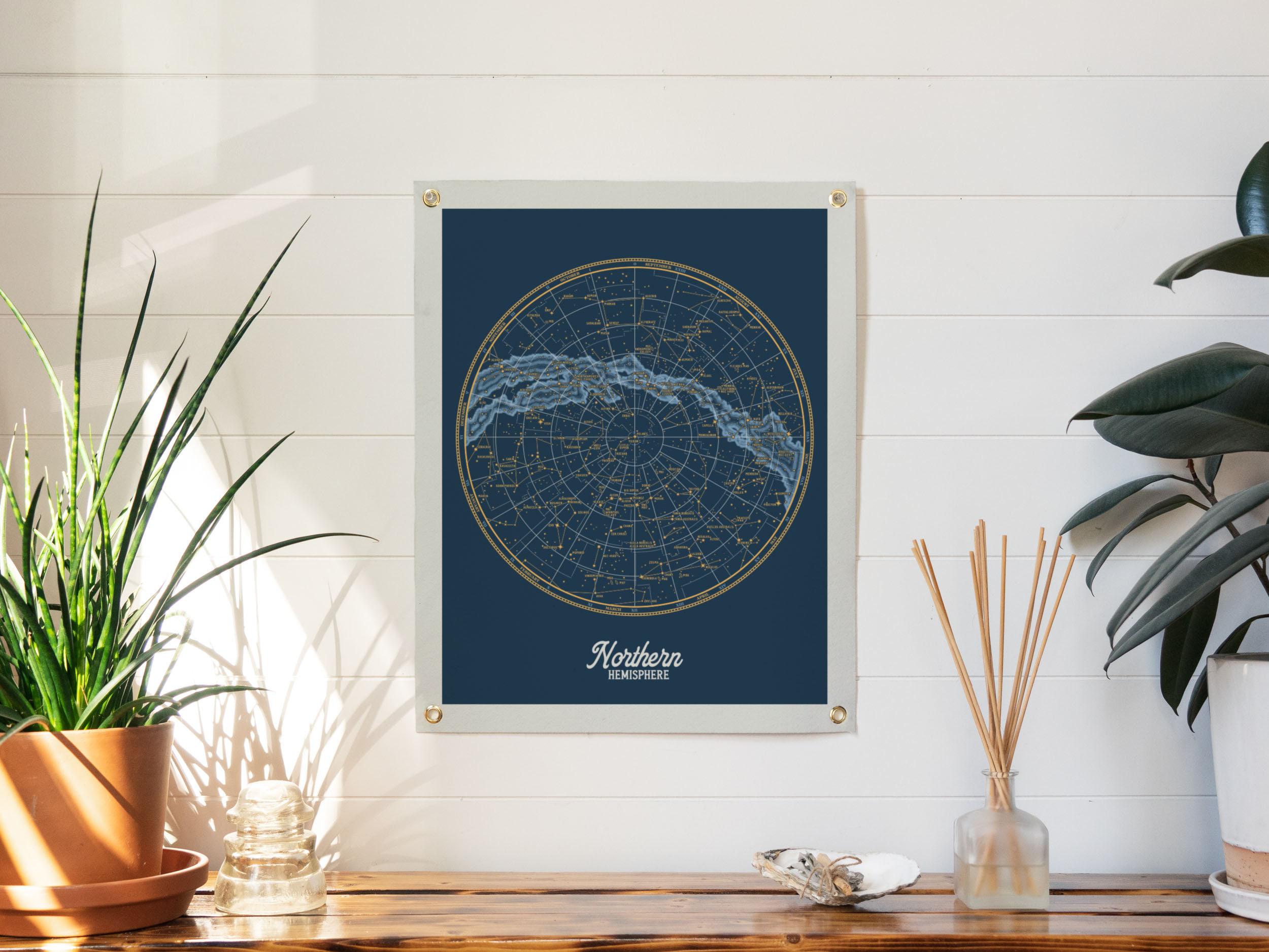 Northern Hemisphere Star Map Felt Poster Banner Print | Boreal Star Chart, Vintage Constellation Print, Celestial Wall Art, Astronomy Decor.