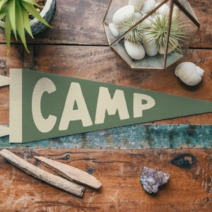 Camp Felt Pennant | Boho Vintage aesthetic Banner, Cabin Rustic Decor, Whimsical Nursery Kid Wall Art, Fun Home Accent, Wild Outdoorsy Gift.