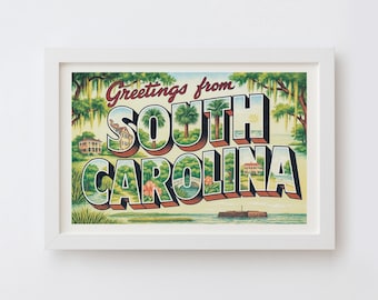 South Carolina briefkaart kunstafdruk | Groeten uit South Carolina vintage muurposter, retro staat souvenir decor, Amerikaans reiscadeau
