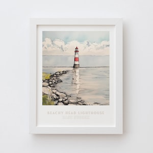 Impresión artística de pared del faro de Beachy Head, East Sussex, Reino Unido. Ilustración de decoración costera en tinta y acuarela. Impresión artística de archivo. Regalo de Inglaterra.