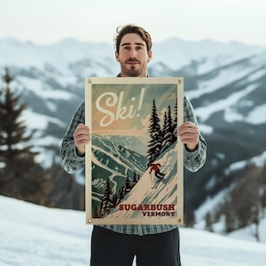 Ski Sugarbush Vermont Felt Poster Banner | Teal Vintage ski poster. Gift for skiers. Mountain cabin wall art. Home Decor. USA Handmade