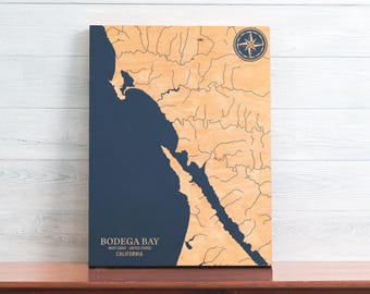Bodega Bay, California Map | Engraved Wood Coastal Art Sign, Beach Home Decor Wall Hanging, Nautical Print, Unique Personalized Family Gift