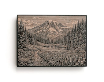 Alpine Meadow Mount Rainier Engraved Birch Art Panel | National Park Wall Art, Mountain Cabin Decor Gift