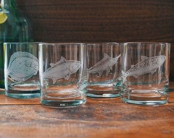 Saltwater Fish Glasses Set of 4 | Personalized engraved glassware for whiskey lovers. Sport Fishing gift. Coastal living barware home decor.