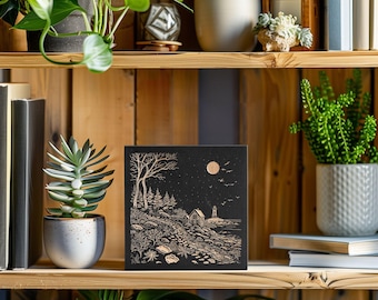 Maine Coastal Engraved Birch Wood Panel | Landscape Linocut Block Print Wall Art, State Illustration, New England Farmhouse Home Decor Gift