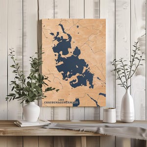 Lago Chaubunagungamaug Massachusetts / Decorazione per la casa con mappa personalizzata del lago, regalo personalizzato per casa sul lago, regalo per campeggio nuziale, arte murale in legno incisa