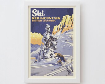 Red Mountain British Columbia Art Print | Vintage Style Ski Poster Wall Art, Retro Mountain Souvenir Decor, Ski & Snowboard Travel Gift