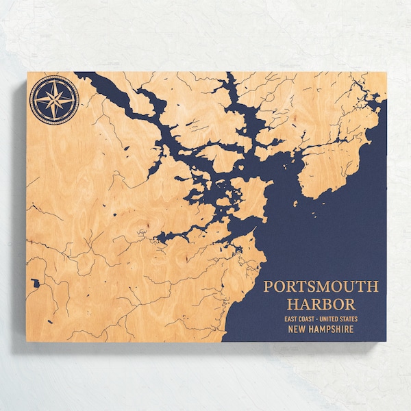 Portsmouth Harbor, New Hampshire Map | Engraved Wood Coastal Chart Wall Art Sign, Beach Home Decor Nautical Print, Personalized Family Gift