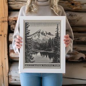 Mount Rainier National Park Lithograph Style Print - Vintage Washington archival matte fine art print. Cascade Range Reflection Lake Gift.