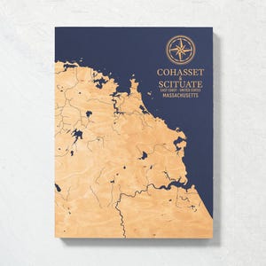 Cohasset & Scituate, Massachusetts Karte | "Graviertes hölzernes Küstenkarten-Wand-Kunst-Zeichen, Strandhaus-Innendekor-nautischer Druck, personifiziertes Geschenk."