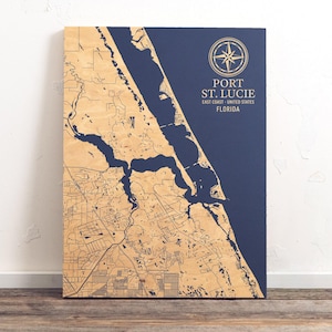 Kaart Port St. Lucie, Florida | Gegraveerd houten bord kustmuur, huisdecor strandhuis nautische print, uniek gepersonaliseerd familiecadeau