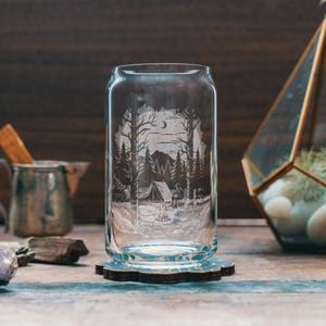 Camping Scene Glasses | Personalized engraved glassware for beer and cocktails. Outdoor & wildlife gift. Cabin barware and home decor.