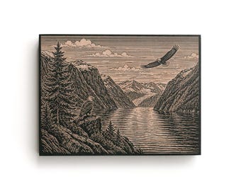 Alaska Fjord Engraved Birch Art Panel | Bald Eagle Wall Art | Mountain Lake Cabin Decor | Alaska Landscape Wood Sign