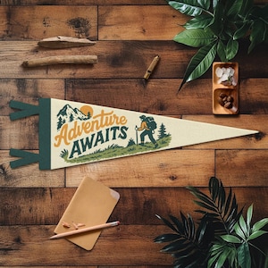 Adventure Awaits Felt Pennant | Natured Theme Wall Decor, Hiking Camp Banner, Wanderer Sign, Outdoor Lover Gift, Inspirational Travel Art