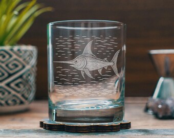 Swordfish Glass | Laser Etched Ocean Fish Rocks Glass | Engraved