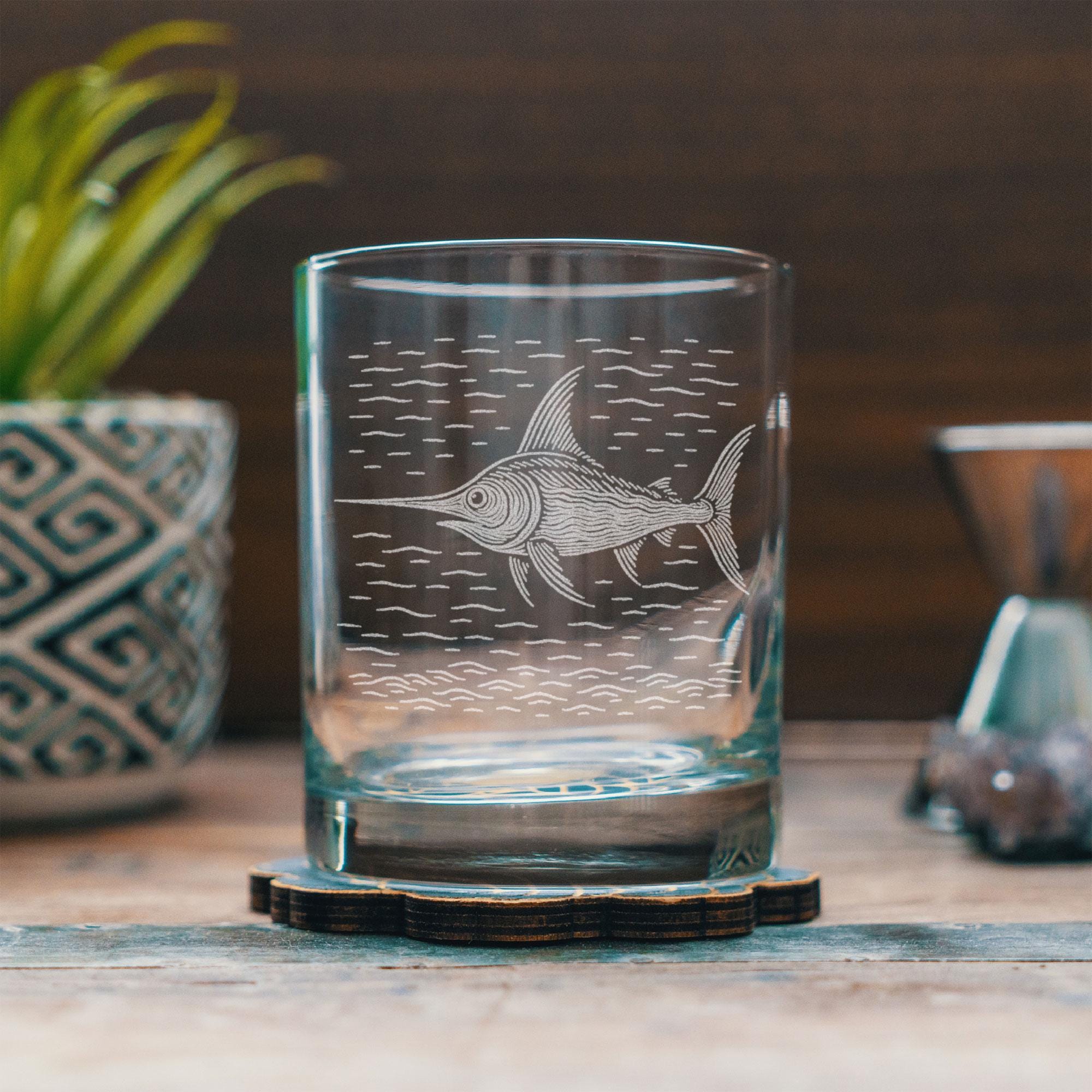 Swordfish Glass | Laser Etched Ocean Fish Rocks Glass | Engraved