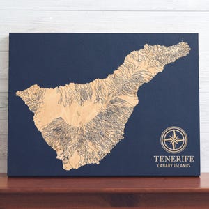 Teneriffa, Kanarische Inseln, Spanien Karte | Gravierte hölzerne Küstenkarte Wand-Kunst-Schild, Strand-Druck, einzigartiges personalisiertes Geschenk