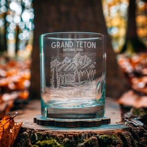 Grand Teton National Park Glasses | Personalized Whiskey, Wine & Beer Etched Glassware, Wyoming Gift, USA Made Western Home Decor